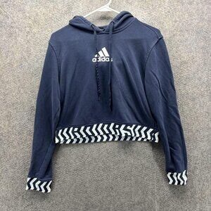 Adidas Hoodie Womens Medium Blue Cropped Pullover Chevron Trim Logo Sweatshirt